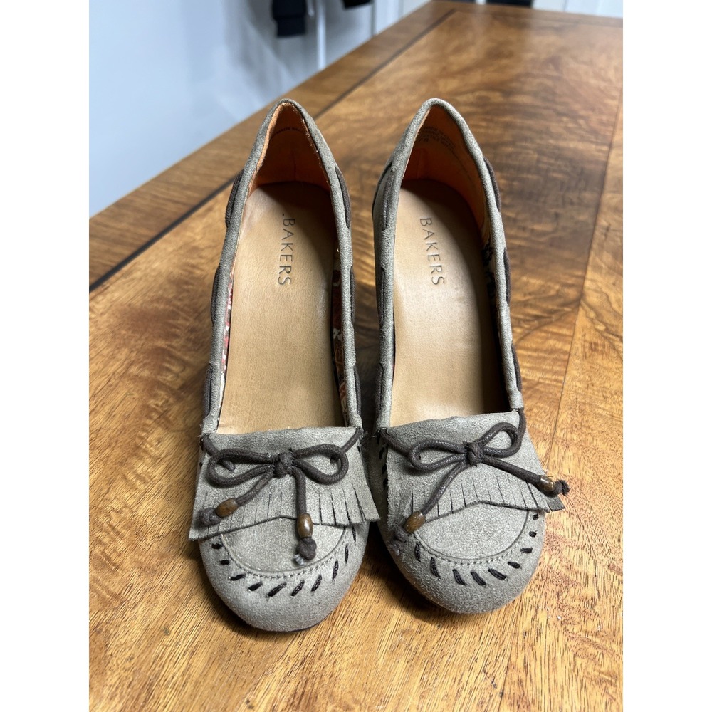 Vtg Bakers Shoes 7 Tan Wedges Moccasin Heels Leather Loafer Fringe Boho Aztec